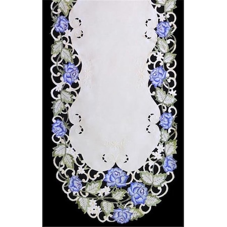 Sinobrite H7538-B Victorian Rose & Blue Oval Runner; 14 X 28 In.